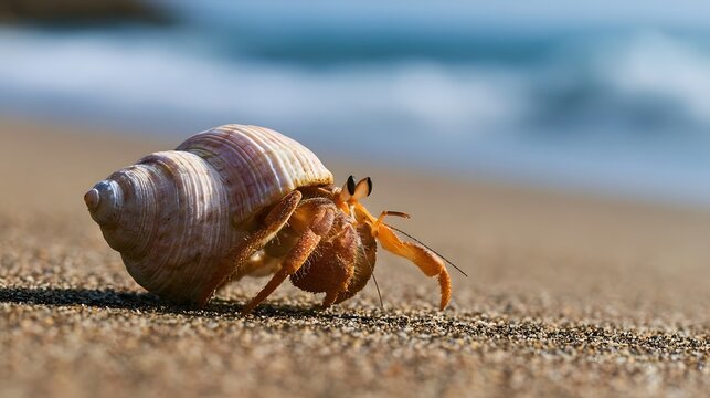 A hermit crab emerges from its shell on a sunlit sandy beach with ocean waves softly rolling in the background