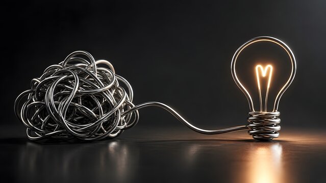 Engineering problem solving concept featuring tangled metal wire transforming into glowing lightbulb solution