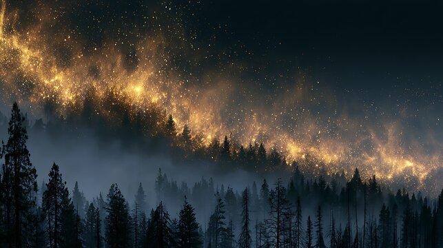 Prompt: A striking dreamscape photograph. A dark, misty forest of pine trees is layered with a massive, swirling cloud of shimmering gold cosmic dust motes frozen in mid-air under a dark sky. 