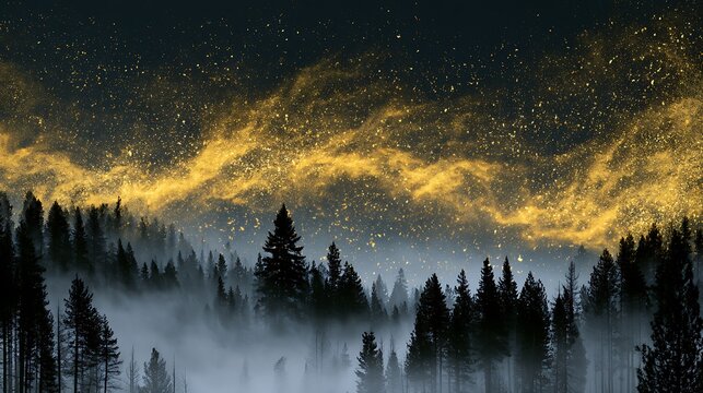 Prompt: A striking dreamscape photograph. A dark, misty forest of pine trees is layered with a massive, swirling cloud of shimmering gold cosmic dust motes frozen in mid-air under a dark sky. 