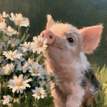 cute piglet, daisies, chic and chabby