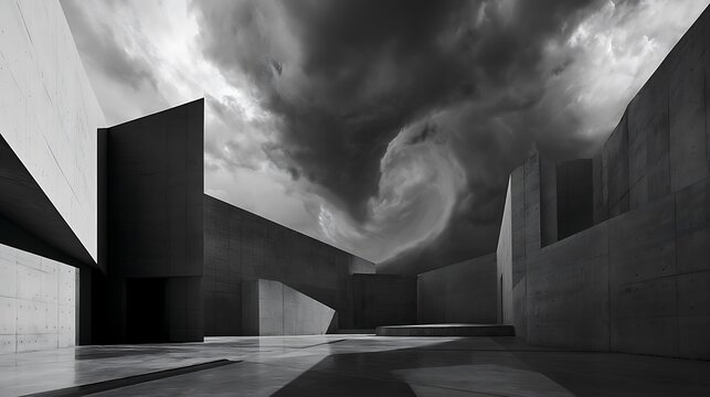 Prompt: A striking concept scenery. A maze of minimalist brutalist concrete walls is double exposed with the distant, swirling vortex of a massive supercell storm cloud. Shot on Phase One XF 