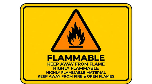 Yellow warning sign indicating flammable material danger with a black flame icon and text warning to keep away from fire and open flames