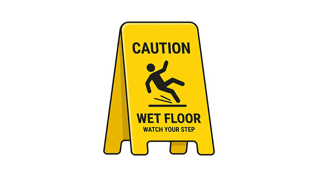 Yellow Wet Floor Caution Sign with Silhouette of a Person Slipping Indoors