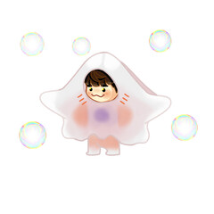 An animation of cute little chibi man wearing sting ray costume flapping his wings surrounded with bubbles