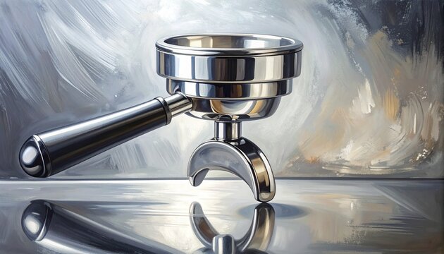 Stainless Steel Espresso Machine Portafilter on Reflective Surface.