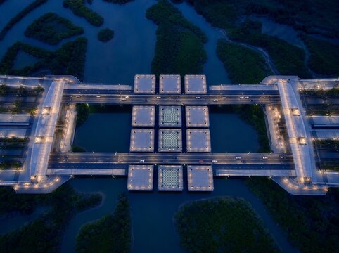 Aerial view of modern modular bridge over calm river at dusk.