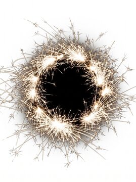 Sparkler fireworks forming a circular frame with a black center on a white background