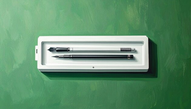 Modern stylus pen in white packaging box on green background.