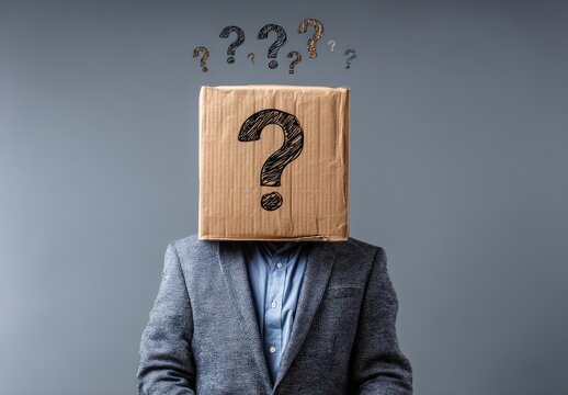 Confused Businessman with Cardboard Box Head and Question Marks
