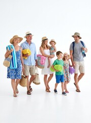 Fototapeta premium Multi generational family walking together with beach gear on white background