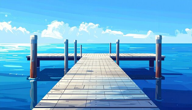 Wooden Pier Extending Over Calm Blue Ocean Waters.