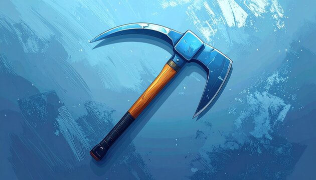 Blue Ice Pick with Wooden Handle on Frosty Background.