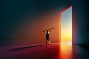Fototapeta premium Child Holding Giant Pencil Facing Open Door in Sunset