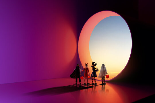 Creative Halloween Kids in Costumes Entering Surreal Portal