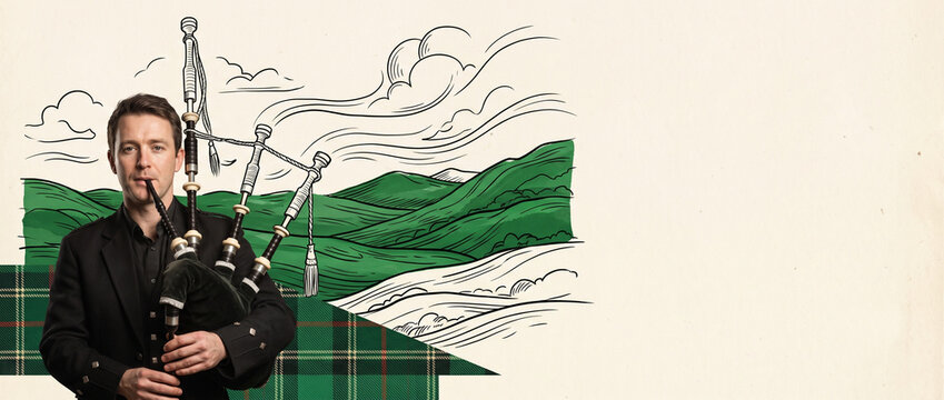 Bagpipes being played by a musician with illustrated Irish hills in a St. Patrick&rsquo;s Day ultra wide hero banner