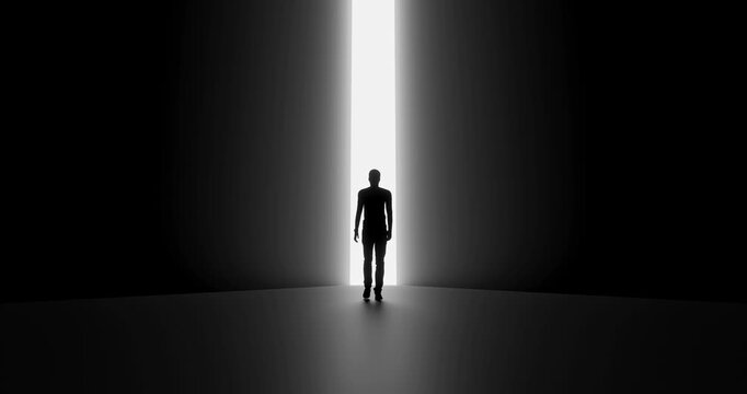 Low Angle 3D Render of Silhouette Man Walking Towards Bright Light Between Dark Walls