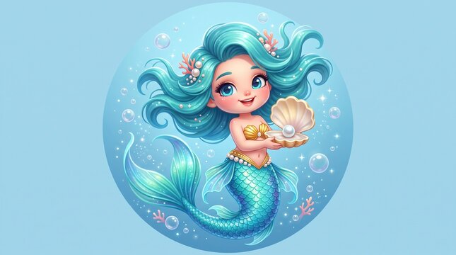 Charming mermaid illustration, a cute fantasy character with flowing turquoise hair and a shimmering tail, holding a precious pearl in an open seashell