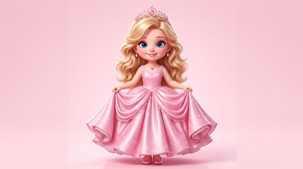 Fototapeta premium Charming 3D princess doll, a cute blonde character in a shimmering pink ball gown and tiara, perfect for children's designs and fantasy themes. Adorable cartoon princess illustration with a
