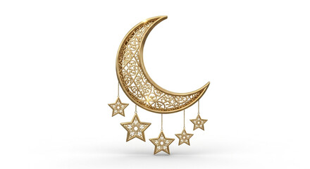Fototapeta premium Golden crescent moon with dangling stars for Islamic or celestial celebration decor