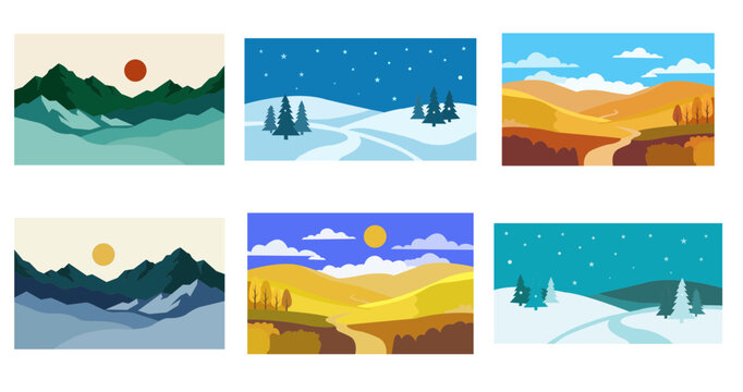 Set of six diverse landscape illustrations featuring mountains, snowy winter scenes, and autumn fields in a pixel art style