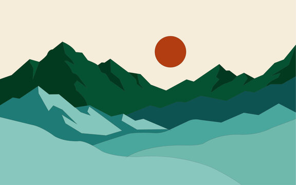 Minimalist mountain landscape with a red sun, vector illustration of a scenic nature view with layered hills and peaks in a flat design style