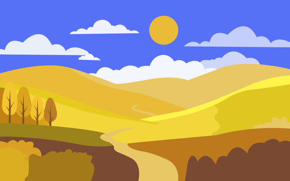 Autumn landscape with rolling hills, a winding path, and trees under a sunny blue sky with clouds, vector illustration of a scenic fall countryside