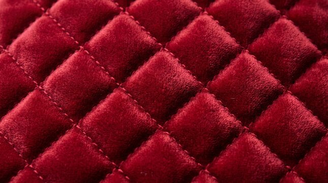 Luxurious deep red quilted velvet texture, elegant diamond pattern fabric, opulent textile background, rich crimson upholstery material for fashion and interior design