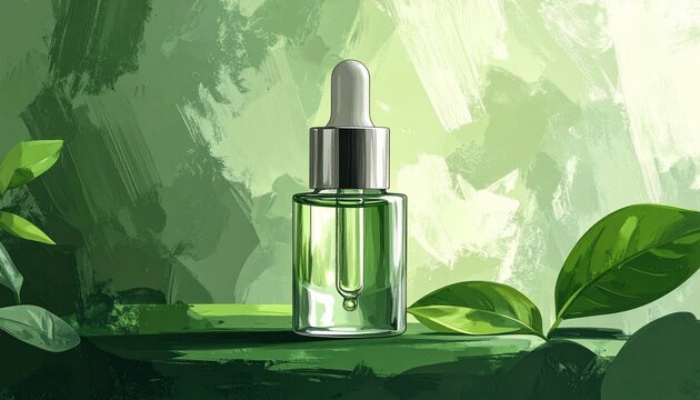 Glass Dropper Bottle with Green Liquid in Nature Setting.
