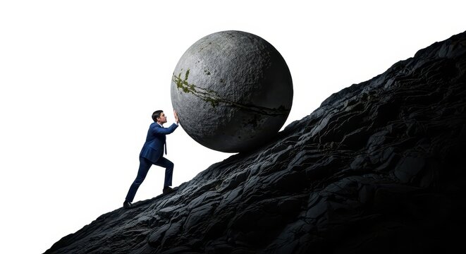 Businessman Pushing Giant Stone Sphere Up Steep Rocky Hill Concept of Persistence and Hard Work in Business