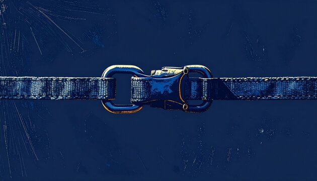 Close up of blue carabiner on dark textured background.