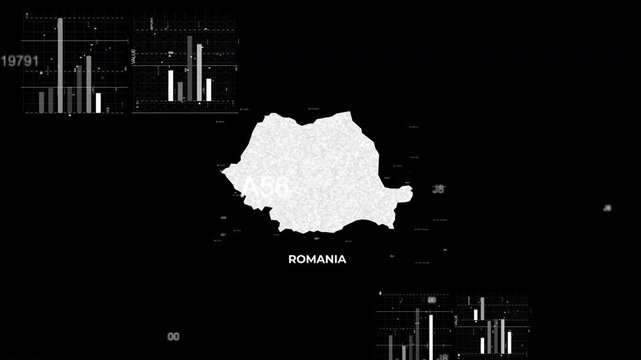 Romania map animation showcasing economy, infrastructure, technology, population, energy, trade, and national development data for presentations, films, documentaries, and motion graphics.