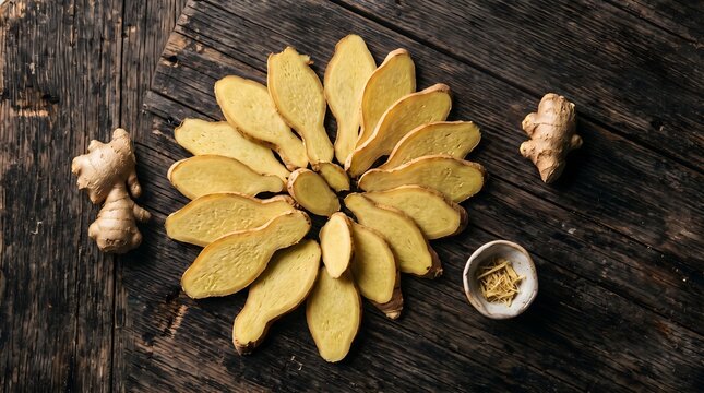 Sliced ginger root arranged in a floral pattern on a rustic dark wood table