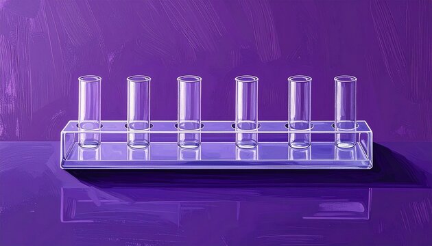Clear Glass Test Tubes in Laboratory Rack on Purple Background.
