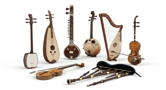 Collection of traditional musical instruments from various cultures displayed on white background