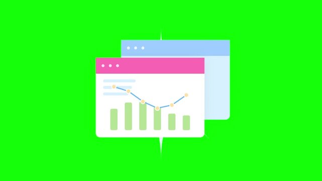Animation of computer browser windows showing data analysis charts on green screen