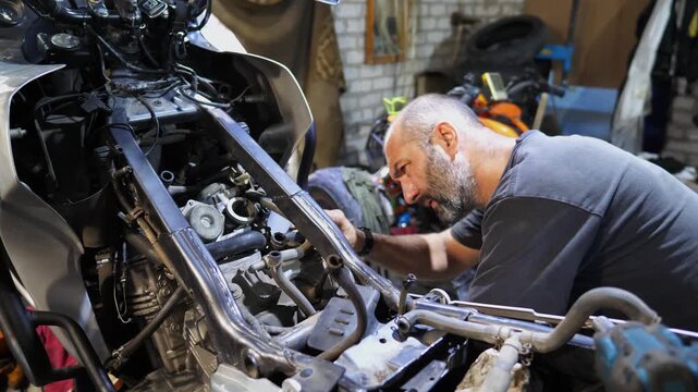Professional mechanic repairing engine of motorcycle at workshop. Male repairer fixing motor of motorbike using tool at workplace. Adult repairman working at garage. Concept of maintenance service