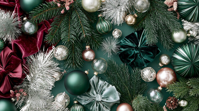 Decorative Christmas ornaments and lush green pine branches arranged on a dark green background, featuring ribbons and various festive elements for holiday celebrations