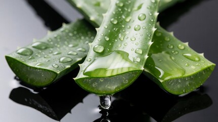 Obraz premium Fresh aloe vera leaves are depicted with clear water droplets and a dripping gel. Ideal for showcasing natural skincare, wellness, and sustainable beauty product promotions.