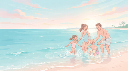 Fototapeta premium Happy Family Having Fun Together on the Beach During Summer Vacation, Parents and Children Enjoying the Sea, Sand, Ocean Water and Outdoor Holiday Lifestyle