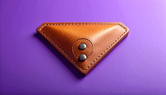 Brown leather triangular card holder on purple background.