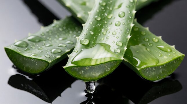 Fresh aloe vera leaves are depicted with clear water droplets and a dripping gel. Ideal for showcasing natural skincare, wellness, and sustainable beauty product promotions.