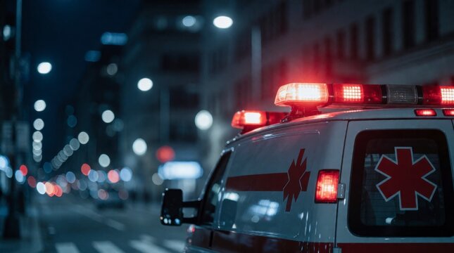 Emergency medical services ambulance with flashing lights responding to urgent call at night 
