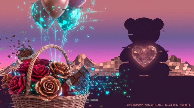 Cyberpunk Valentine digital art with voxel roses and glitch heart