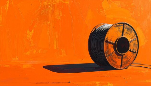 Orange spool of black cable on vibrant background.
