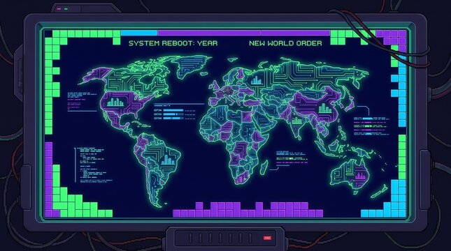 Futuristic digital world map interface on a retro pixel art screen