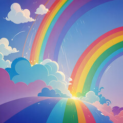 Fototapeta premium Rainbows arc gracefully over soft fluffy clouds in a bright blue morning sky.
