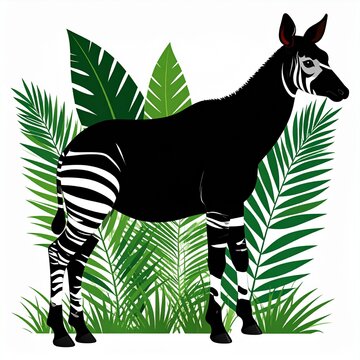 Black and white striped okapi in tropical foliage illustration.