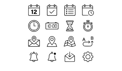 Fototapeta premium Date, Time, Address and Notification Line Icons Set – Location, Calendar and Clock Vector