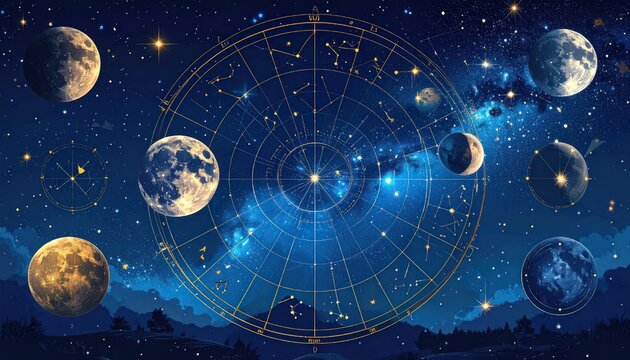 Celestial map with moons and zodiac astrology signs background.